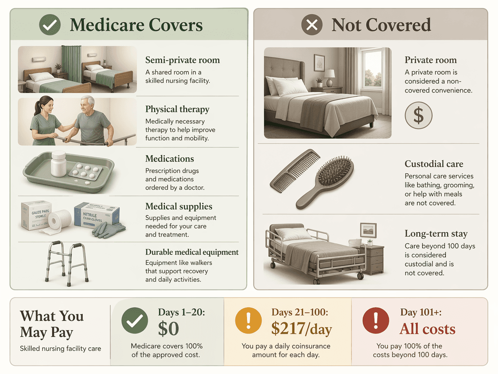 An editorial infographic split into two columns. The left column titled 'Medicare Covers' shows icons of a semi-private room, a physical therapist with a patient, a medication tray, medical supplies, and a walker in sage green tones. The right column titled 'Not Covered' shows a private room with a dollar sign, a custodial care comb icon, and a long-term stay bed in muted gray tones. Below is a cost comparison showing Days 1-20 $0 with a green checkmark, Days 21-100 $217/day in amber, and Day 101+ All costs in red.