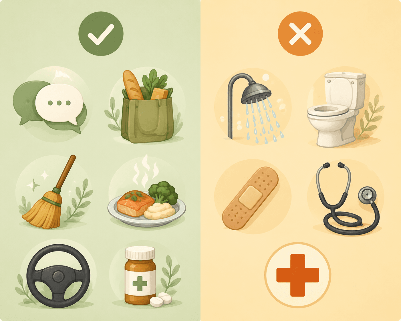 Split illustration comparing included companion care tasks with excluded personal and medical care tasks