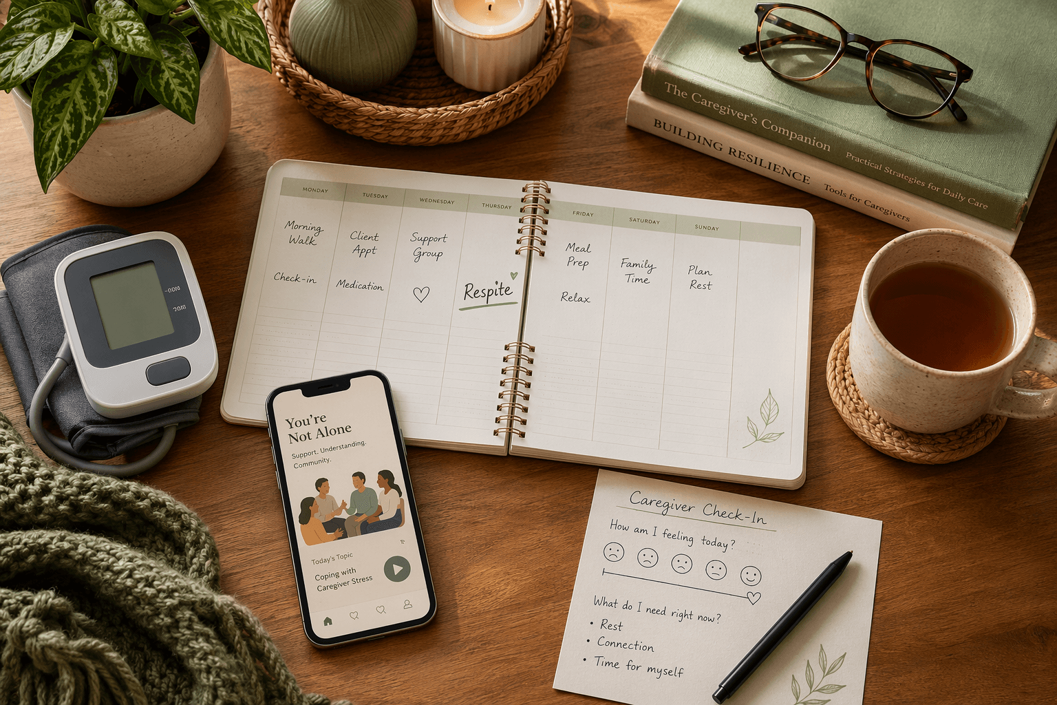 A flat-lay of a blood pressure monitor, weekly planner, smartphone, and a handwritten self-check scale on a wooden desk.
