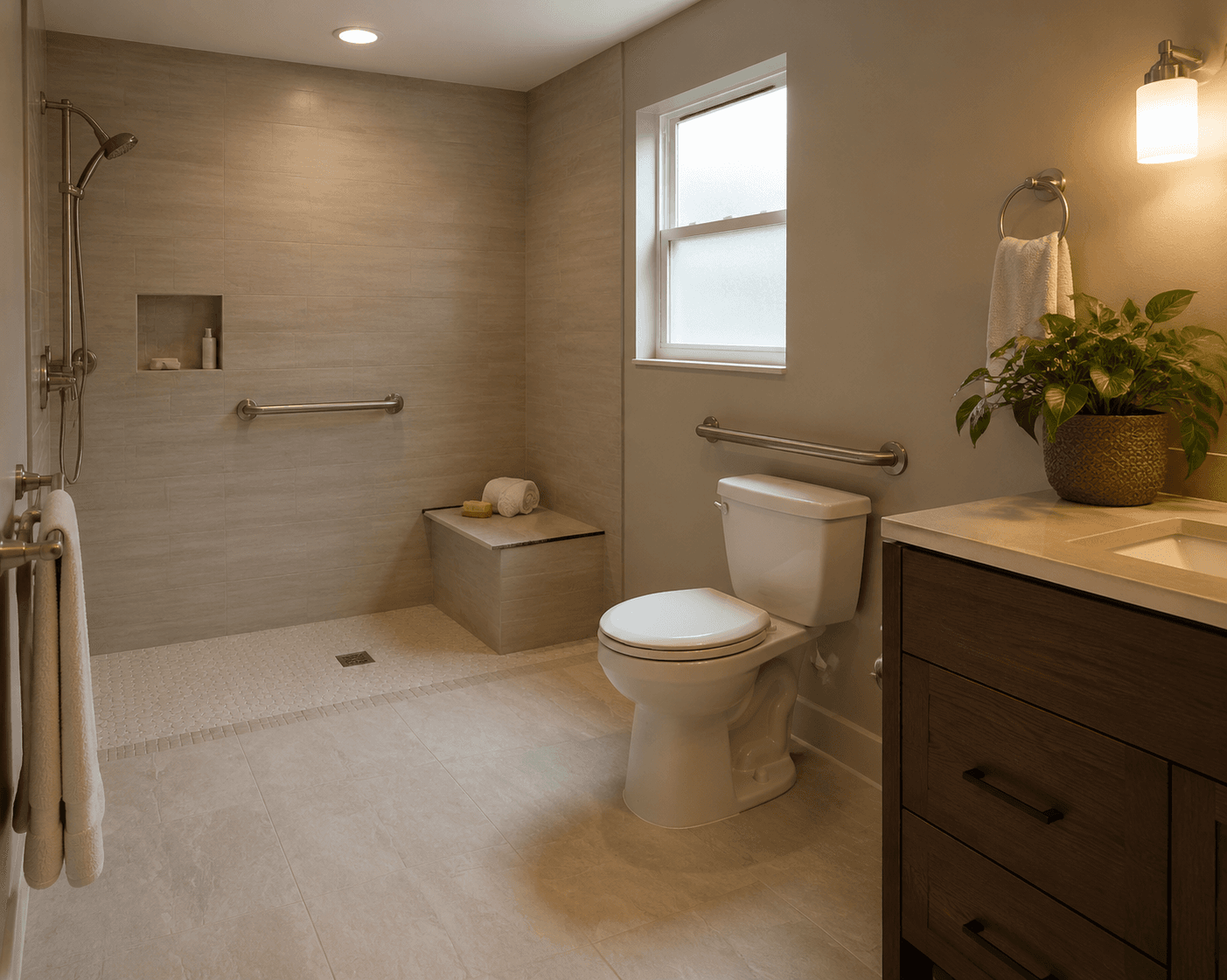 Accessible bathroom with a curbless shower, built-in bench, grab bars, comfort-height toilet, and non-slip flooring