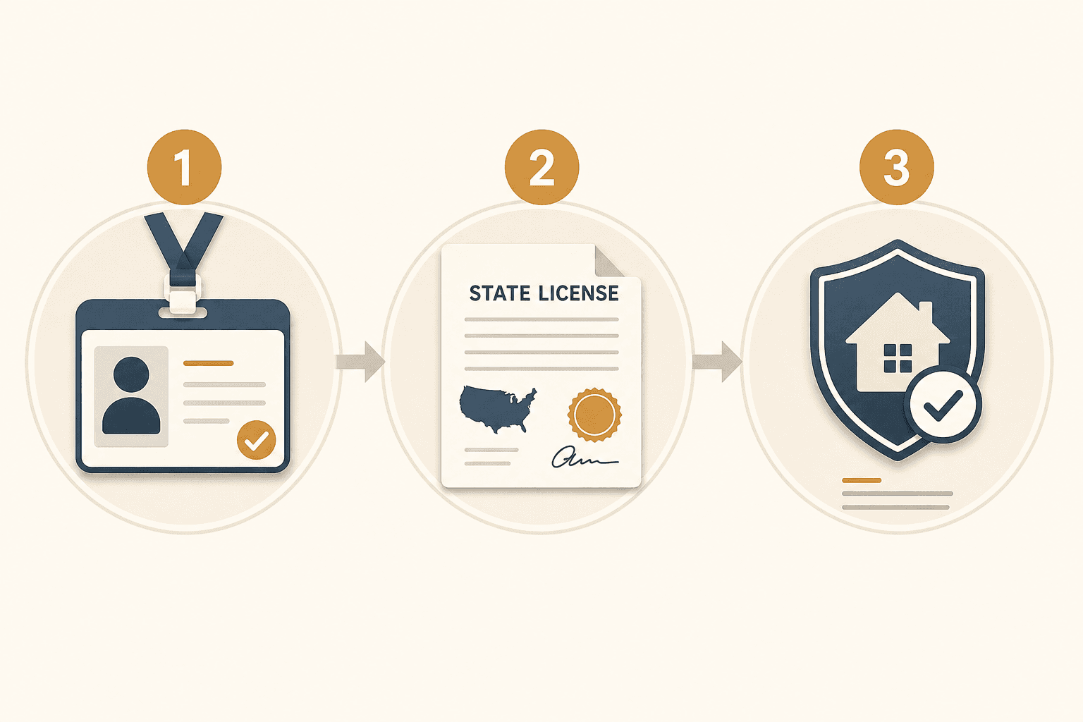 An editorial infographic showing three verification steps from left to right: a credential badge, a state license document, and an insurance shield, connected by arrows.