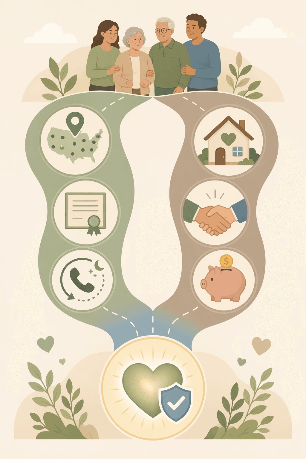 Decision pathway illustration with two branching paths: left path for franchise (icons for national consistency, training, backup coverage) and right path for independent (icons for local flexibility, owner accountability, cost), converging at a quality care heart-and-shield icon.