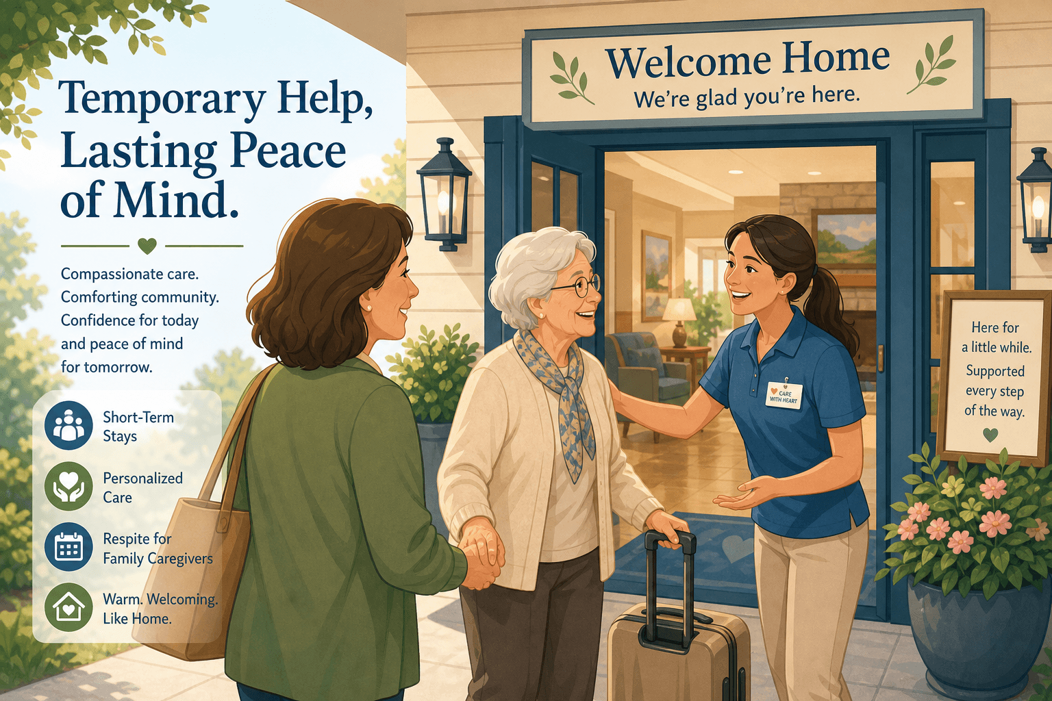 A middle-aged adult child stands with a relieved expression as a smiling staff member warmly greets an elderly parent with a small suitcase at the entrance of a bright senior care facility.