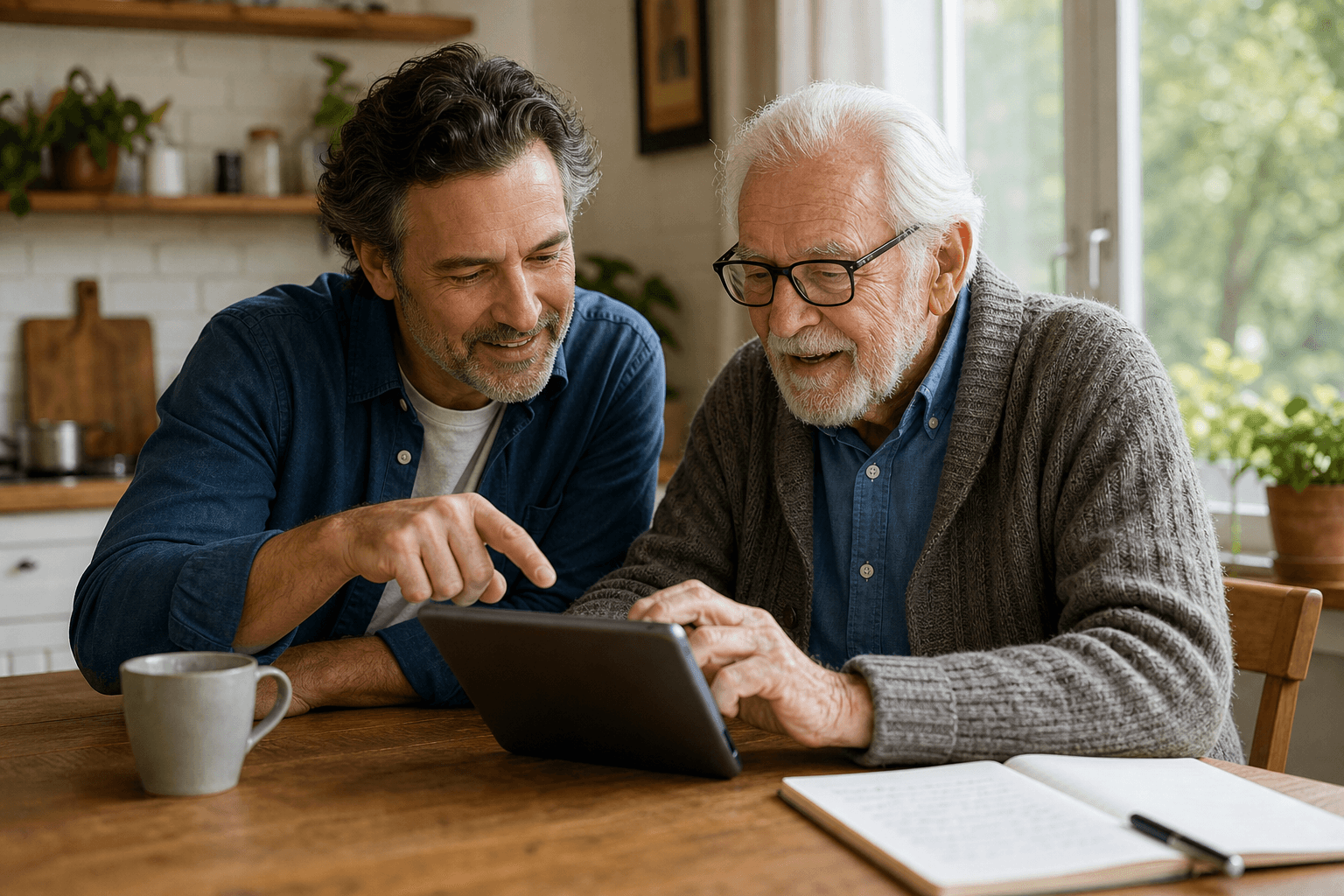 A middle-aged adult child sits beside an older parent at a wooden table, pointing at a tablet screen with an encouraging expression.