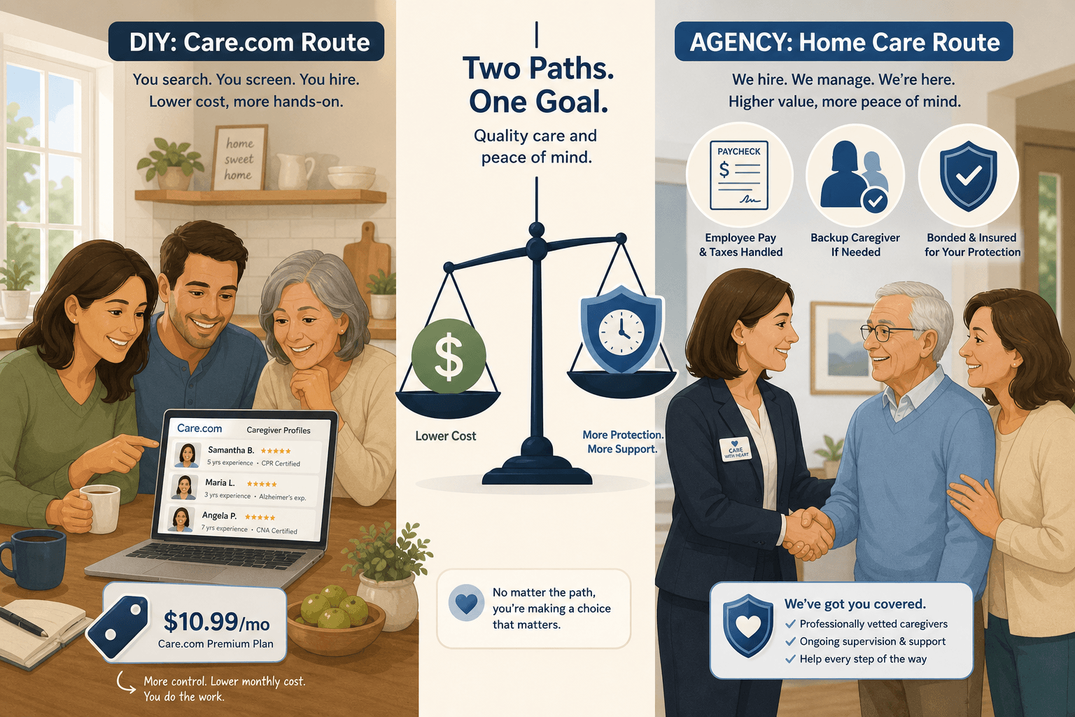 A split-scene illustration comparing the DIY route of using Care.com on a laptop with the agency route showing a professional handshake and icons for payroll, backup care, and insurance.