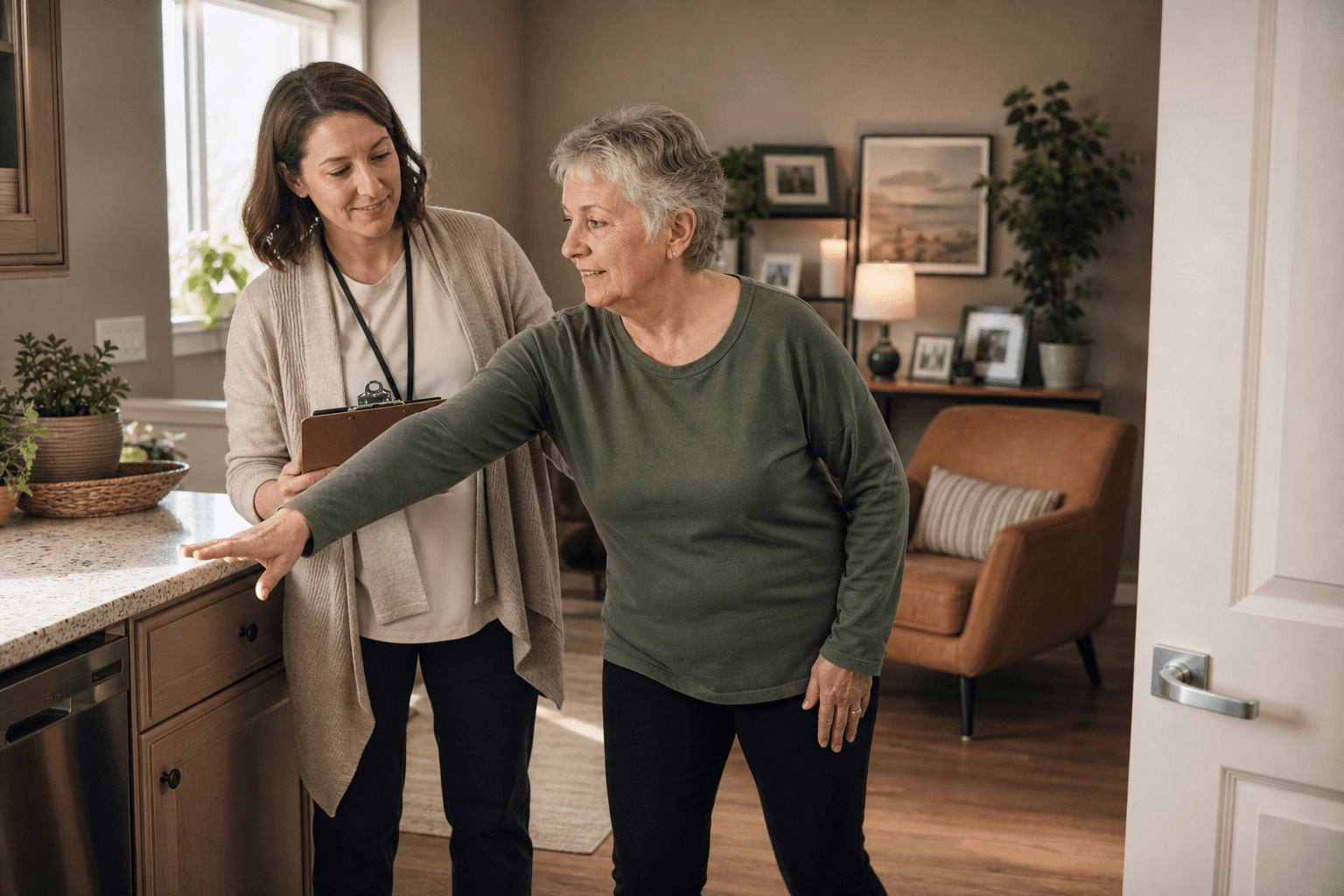 An occupational therapist guides an older adult woman through a functional reach assessment near a kitchen counter in a bright living room.