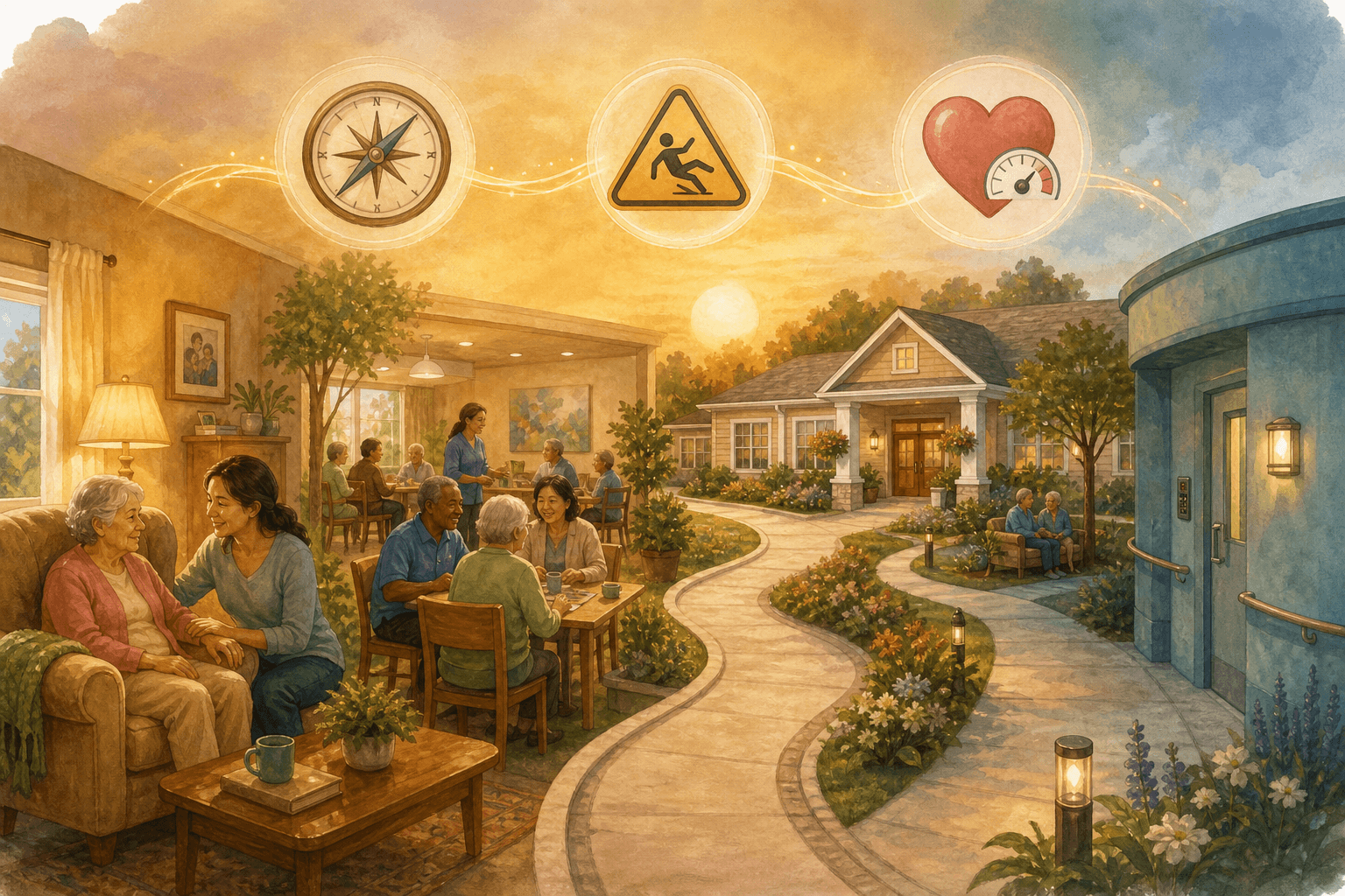 A warm-toned editorial illustration showing a care continuum journey from left to right: a cozy home interior with an older adult in an armchair and a caregiver nearby, a curved path leading past an adult day center with people socializing, an assisted living building with a welcoming entrance, and a calm memory care wing with soft blue-green walls. Small floating icons above the path represent wandering risk (compass), fall risk (caution symbol), and caregiver wellbeing (heart with gauge).