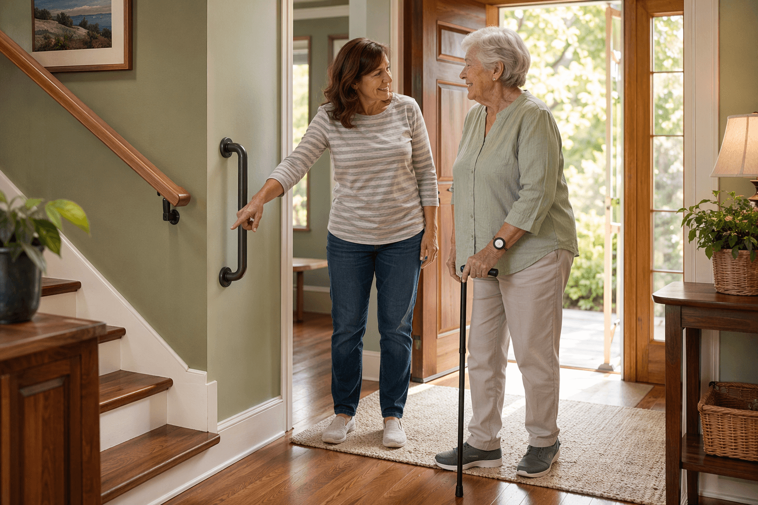 An adult child points toward an anchored grab bar in a sunlit entryway while their elderly parent stands smiling beside them, holding a cane and wearing a PERS pendant.