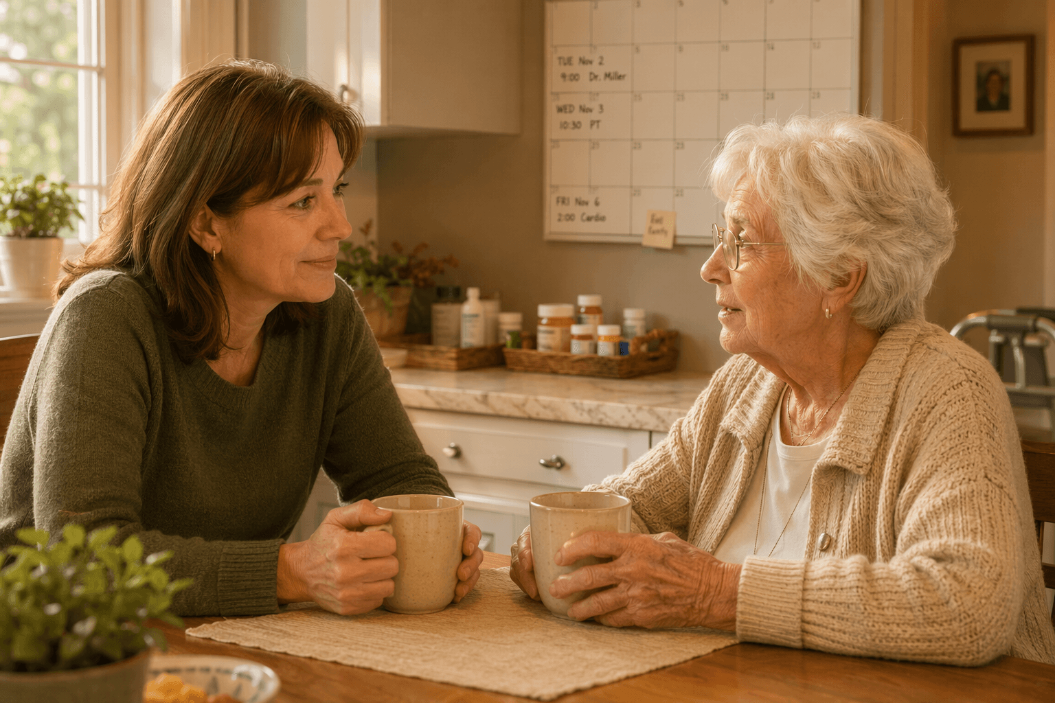 An adult daughter in her 40s sits across a kitchen table from her elderly mother, both holding coffee cups, engaged in a calm conversation.