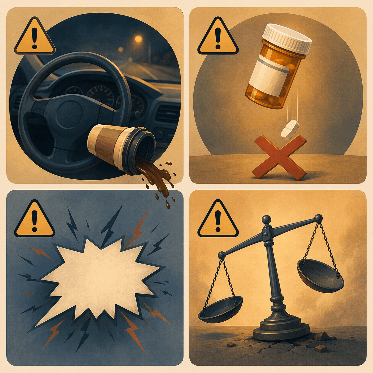 An editorial quadrant illustration showing four symbolic danger signs of caregiver sleep deprivation: a tilting steering wheel, a pill bottle, a jagged speech bubble, and a tipping scale.