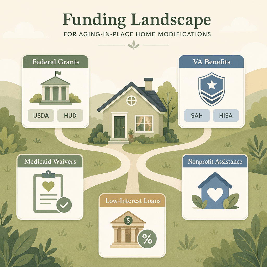 Editorial illustration showing a central house icon with pathways connecting to five funding source cards labeled Federal Grants, VA Benefits, Medicaid Waivers, Nonprofit Assistance, and Low-Interest Loans.