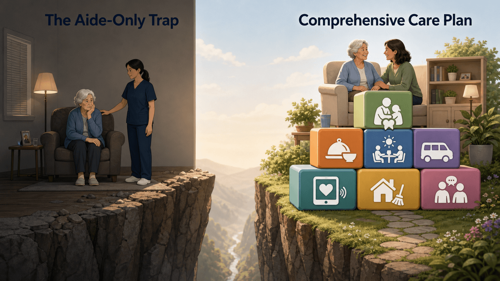 Split-comparison illustration showing a single home health aide with a worried senior on the left labeled 'Aide-Only Trap', and a senior surrounded by multiple layered service icons on the right labeled 'Comprehensive Care Plan'.