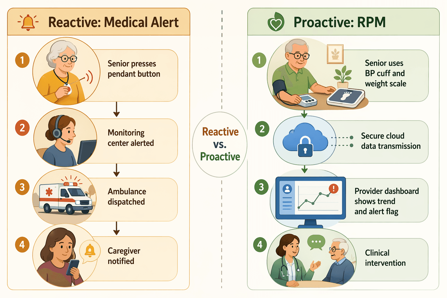 Two side-by-side workflows: left shows a medical alert pendant leading to a monitoring center headset, then ambulance and caregiver notification. Right shows blood pressure cuff and scale leading to cloud transmission, doctor’s dashboard, and clinical intervention.