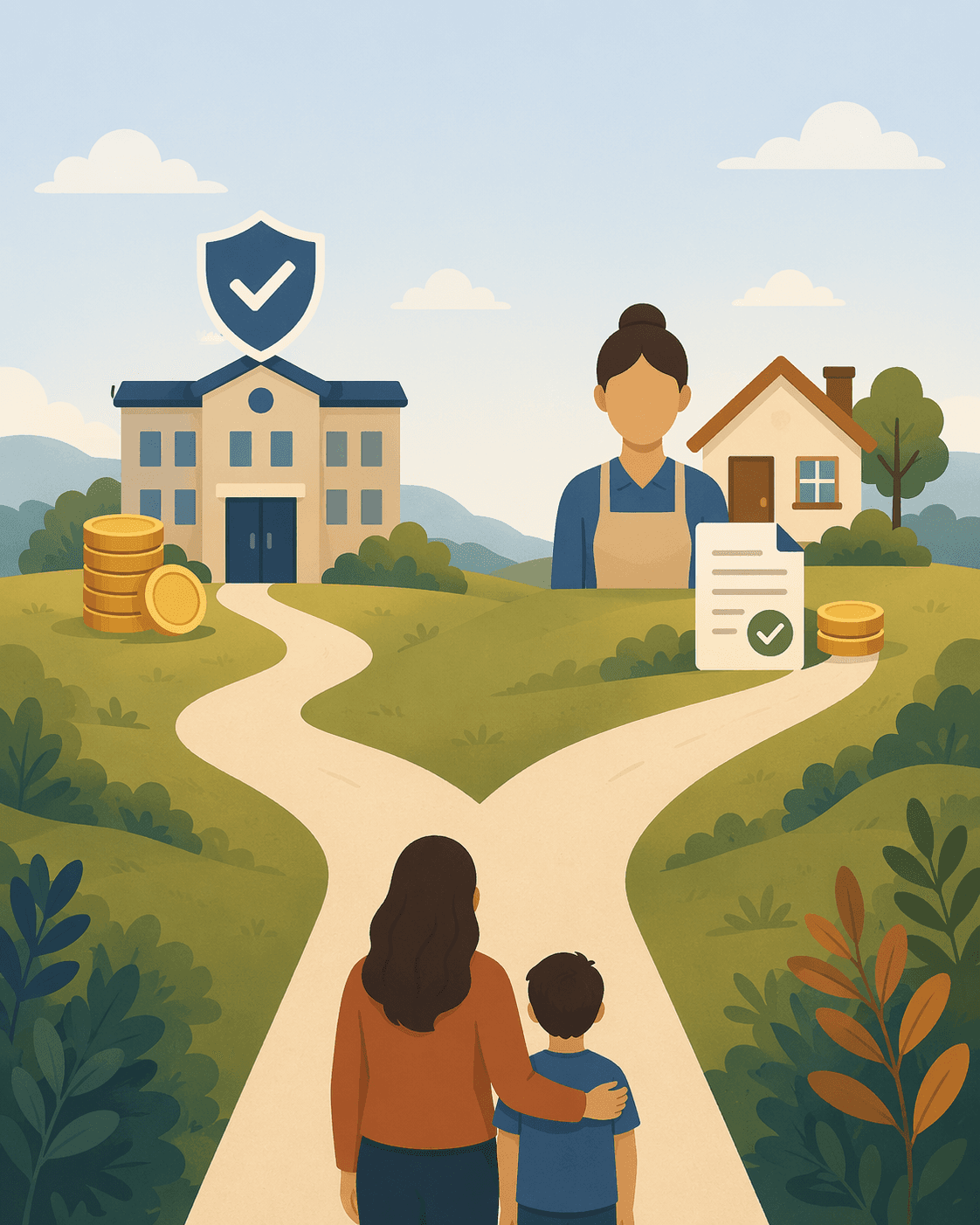 A flat vector illustration showing a decision fork: a central family icon splits into two diverging paths representing agency and direct hire.