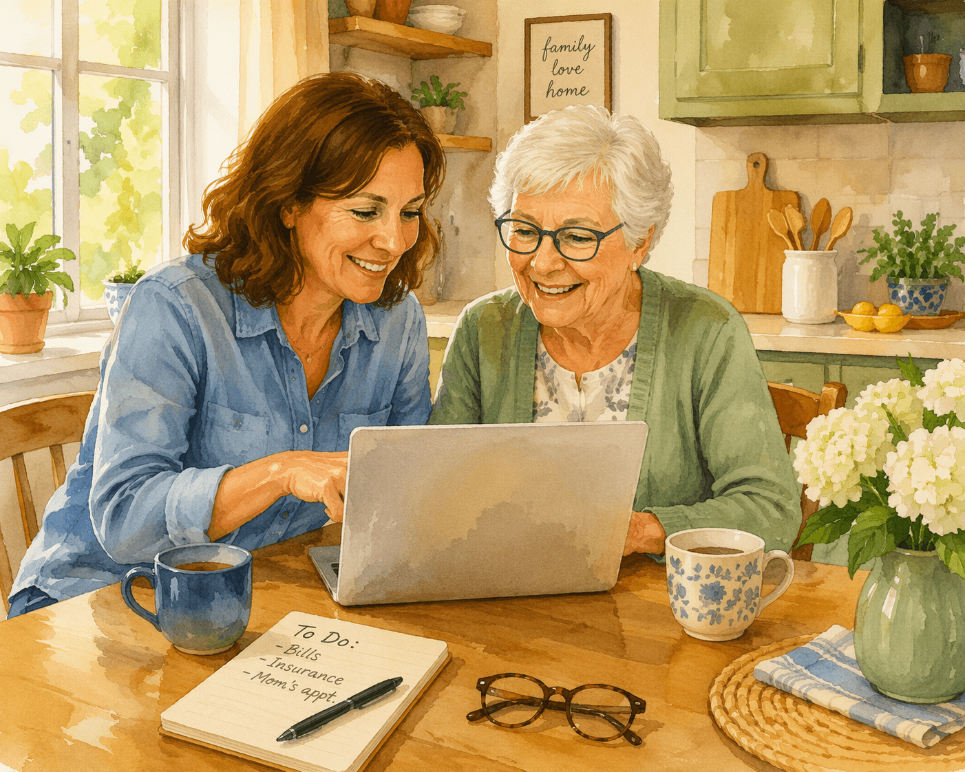 A middle-aged adult daughter and her elderly mother sitting at a home kitchen table with a laptop open between them, reviewing information together.
