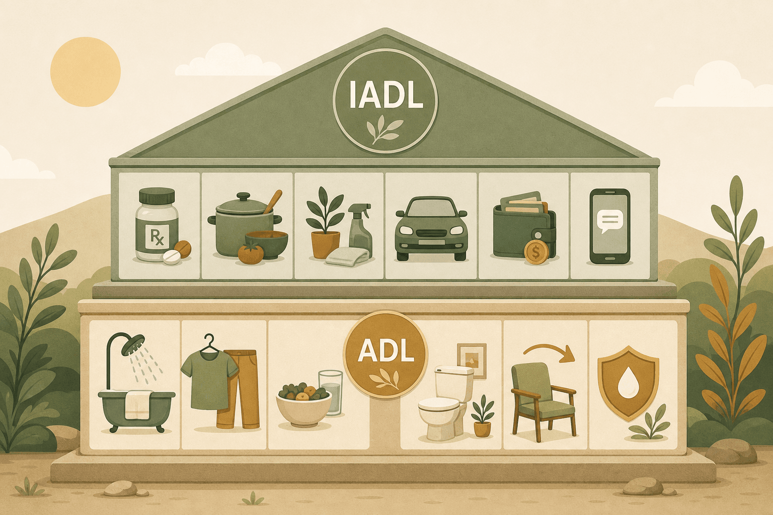 A two-tier editorial illustration showing ADLs at the base with icons for bathing, dressing, eating, toileting, transferring, and continence, and IADLs above with icons for medication management, meal preparation, housekeeping, transportation, finances, and phone use.
