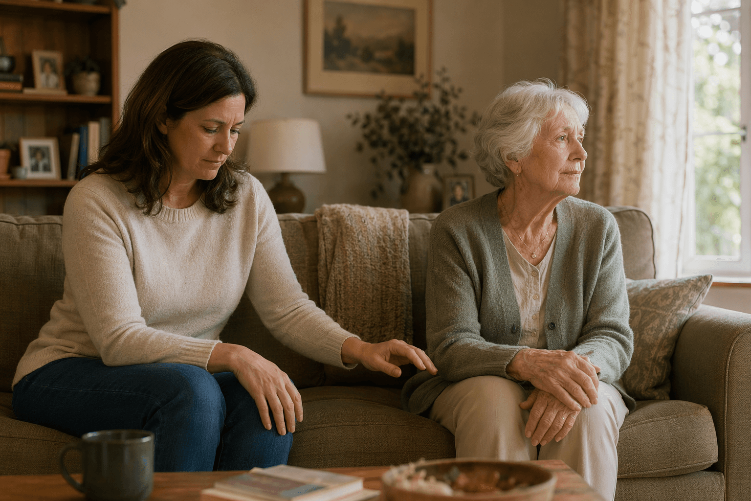 A gentle editorial scene of an adult daughter and her elderly mother seated in a cozy living room, both with contemplative expressions. The daughter looks downward with her hand extended but not quite reaching; the mother gazes toward a window with folded hands.