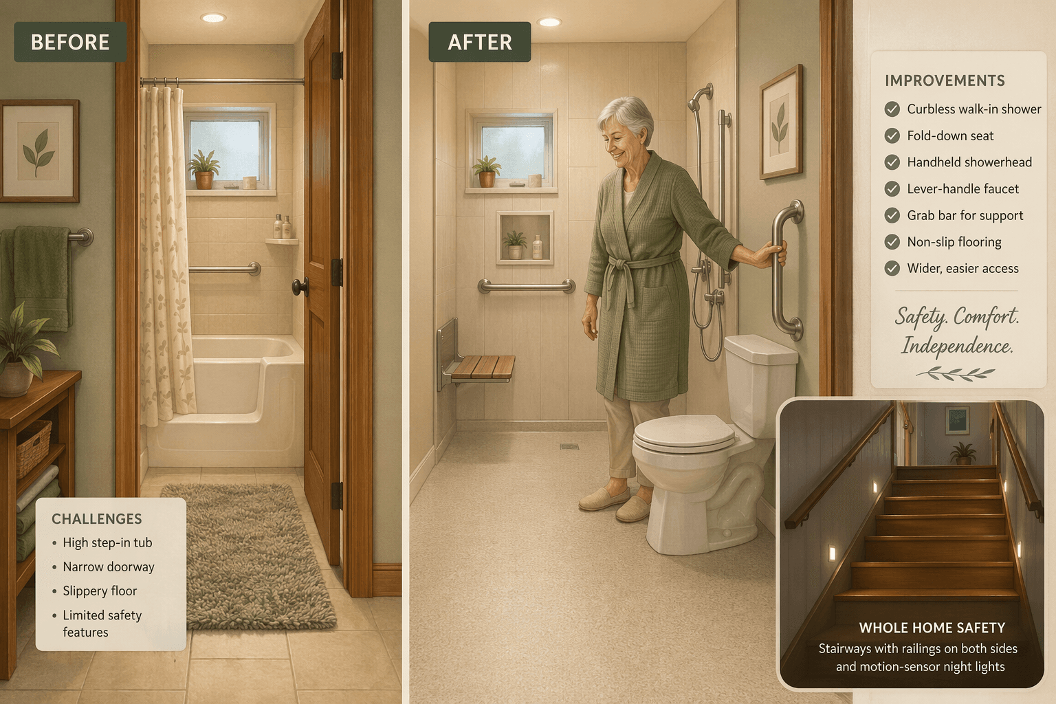 Split-view illustration of a home bathroom before and after modifications. The left side shows a standard bathroom with a high-step tub, narrow doorway, and throw rug. The right side shows the same bathroom upgraded with a curbless walk-in shower, fold-down seat, chrome grab bar near the toilet, non-slip flooring, handheld showerhead, and lever-handle faucet. A small vignette in the corner shows a stairway with dual railings and motion-sensor night lights. An older adult uses the grab bar comfortably. Warm wood tones, sage green, and soft beige palette.