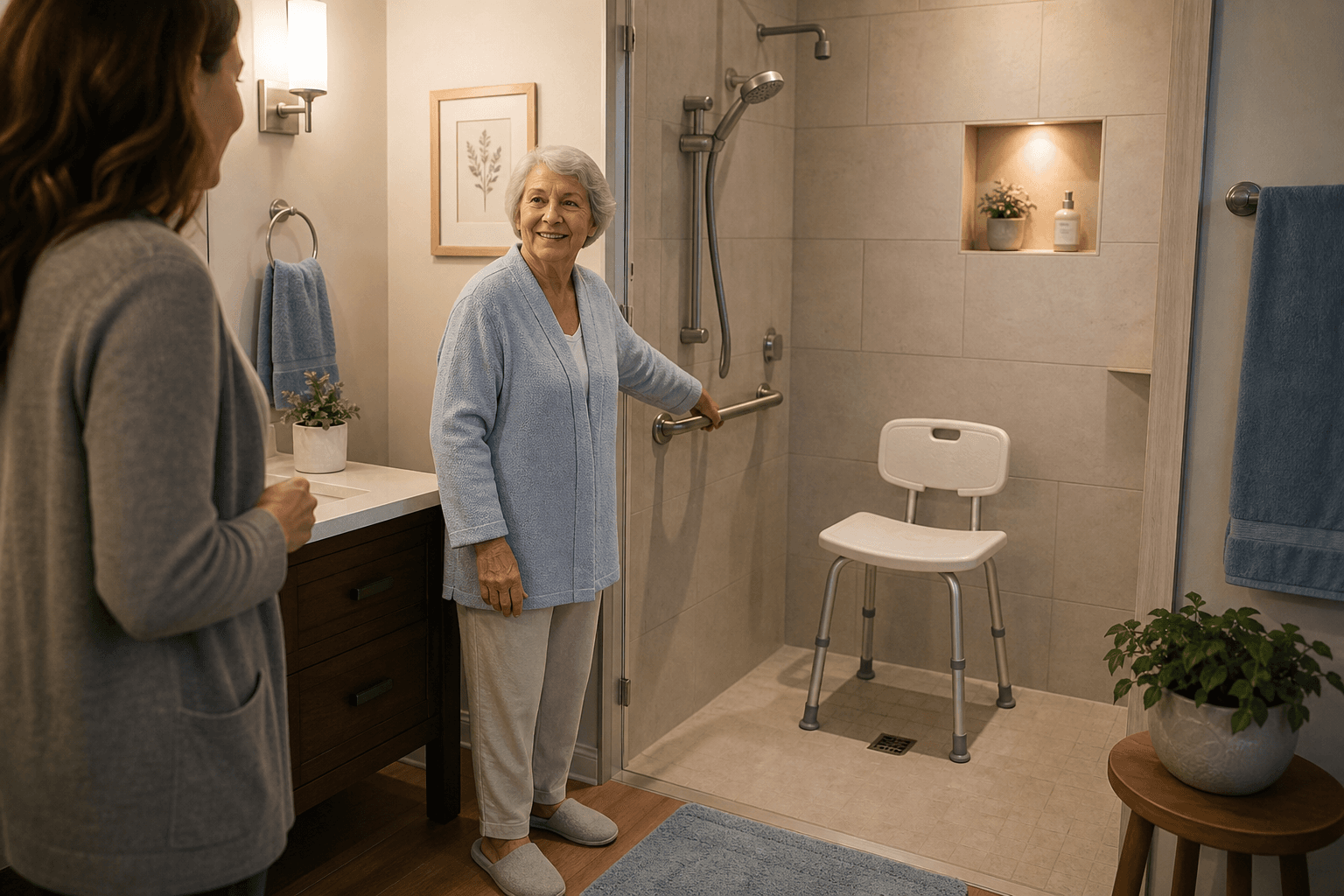 A calm, well-lit home bathroom with a curbless walk-in shower, shower chair, grab bar, and handheld showerhead. An adult daughter stands nearby with a supportive posture.