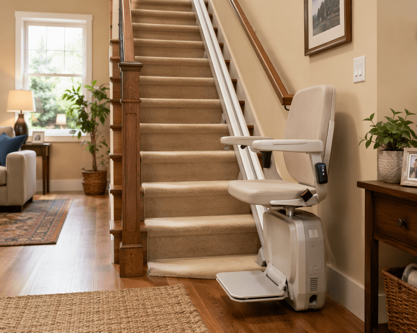 A warm residential interior showing a modern straight stair lift mounted on a wooden staircase with handrails on both sides.