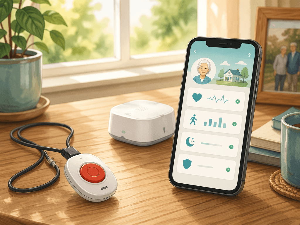 Editorial still-life illustration of elderly home monitoring devices on a wooden table: a round medical alert pendant with a red emergency button, a small white motion sensor, and a smartphone showing a caregiver app interface.