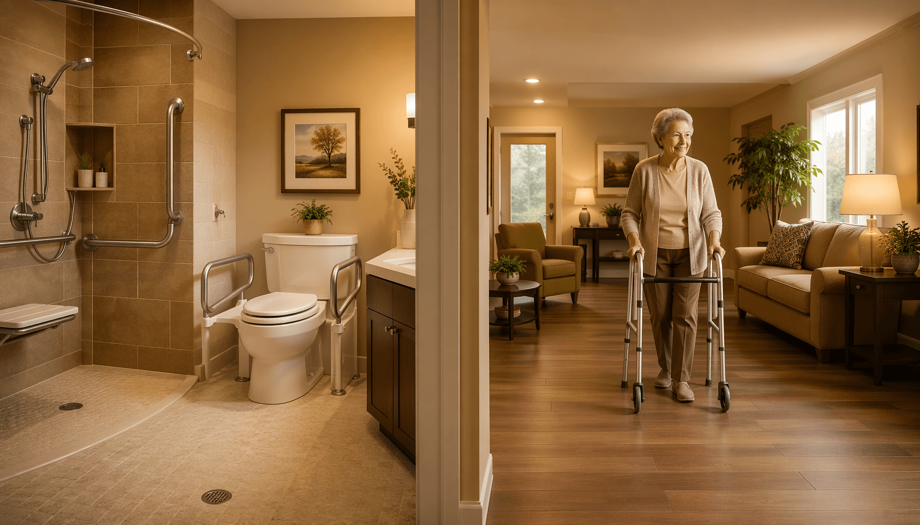 A warm, split-view interior scene with a senior bathroom featuring a curved shower grab bar, raised toilet with grab rails, and non-slip floor tiles on the left, and a living room with a senior using a walker on clear pathways with improved warm lighting on the right.