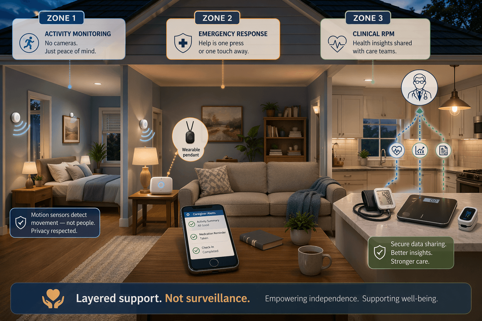 A warm cutaway view of a single-family home showing three monitoring zones: passive motion sensors, a medical alert base station, and clinical RPM devices.