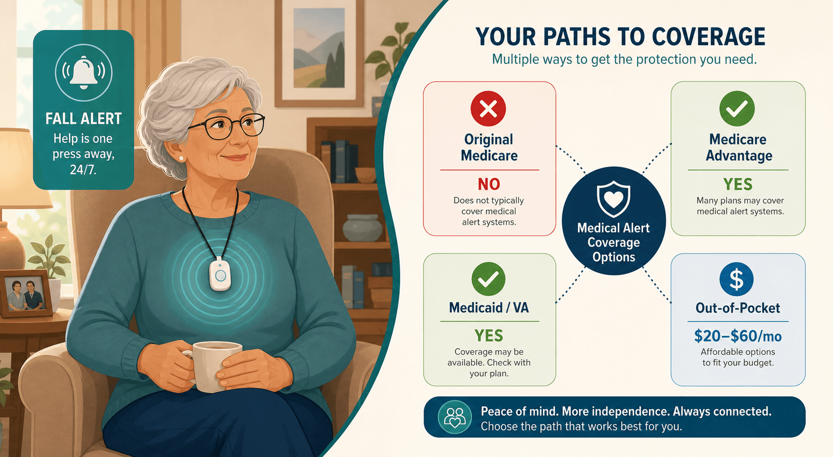 Split illustration showing an older adult wearing a PERS pendant on one side and a funding path comparison on the other.