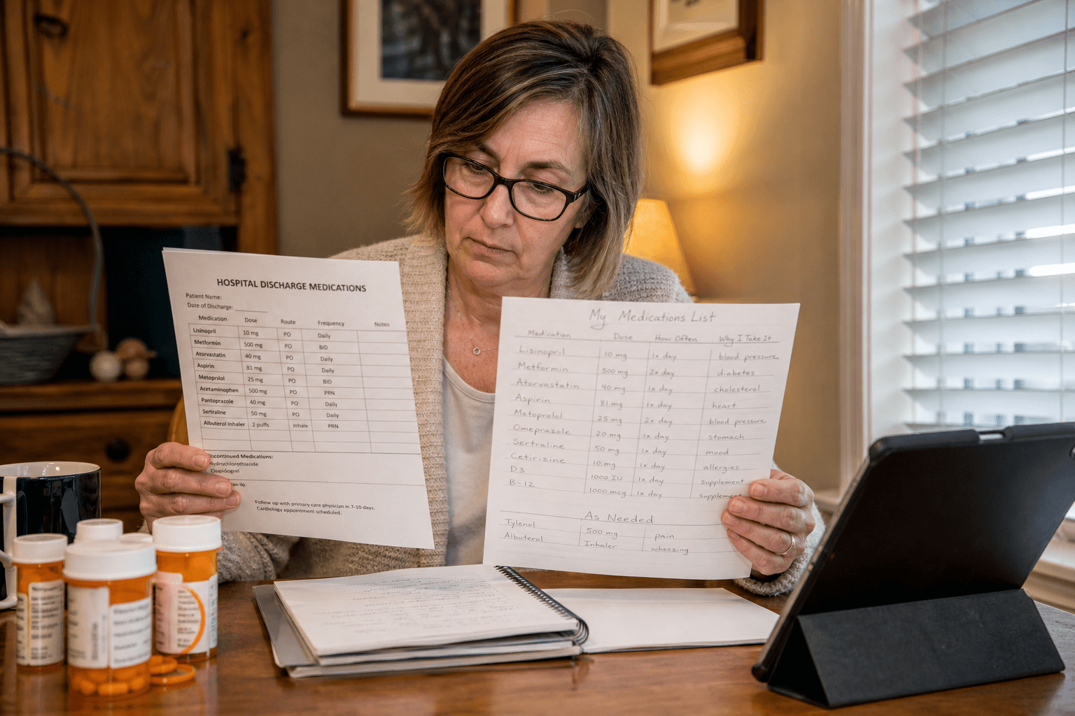 A woman in her 50s sits at a home desk comparing a printed hospital discharge medication list against a handwritten home medication list, with prescription bottles nearby.