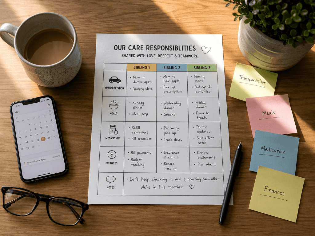 A flat-lay photograph of a kitchen table with a divided care responsibilities worksheet at center, surrounded by sticky notes with tasks, a coffee mug, a smartphone showing a calendar, reading glasses, a pen, and a small plant, warm natural lighting
