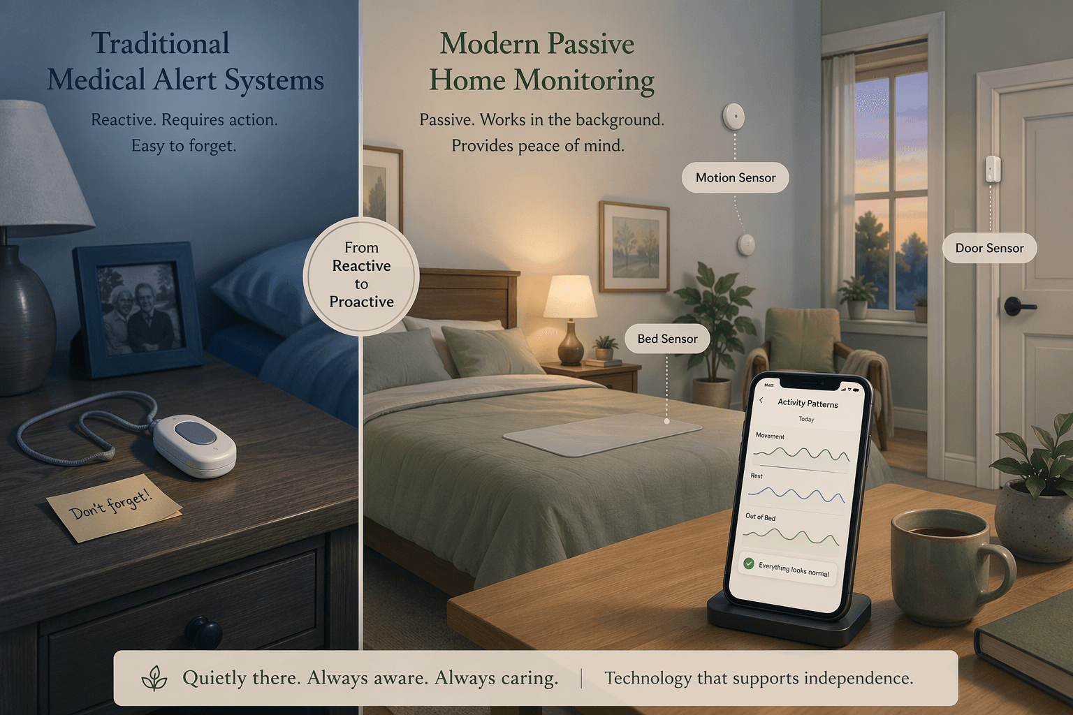 Split scene showing a medical alert pendant unused on a nightstand on the left, contrasted with a warm home interior with passive sensor discs on walls and a smartphone displaying activity patterns on the right.