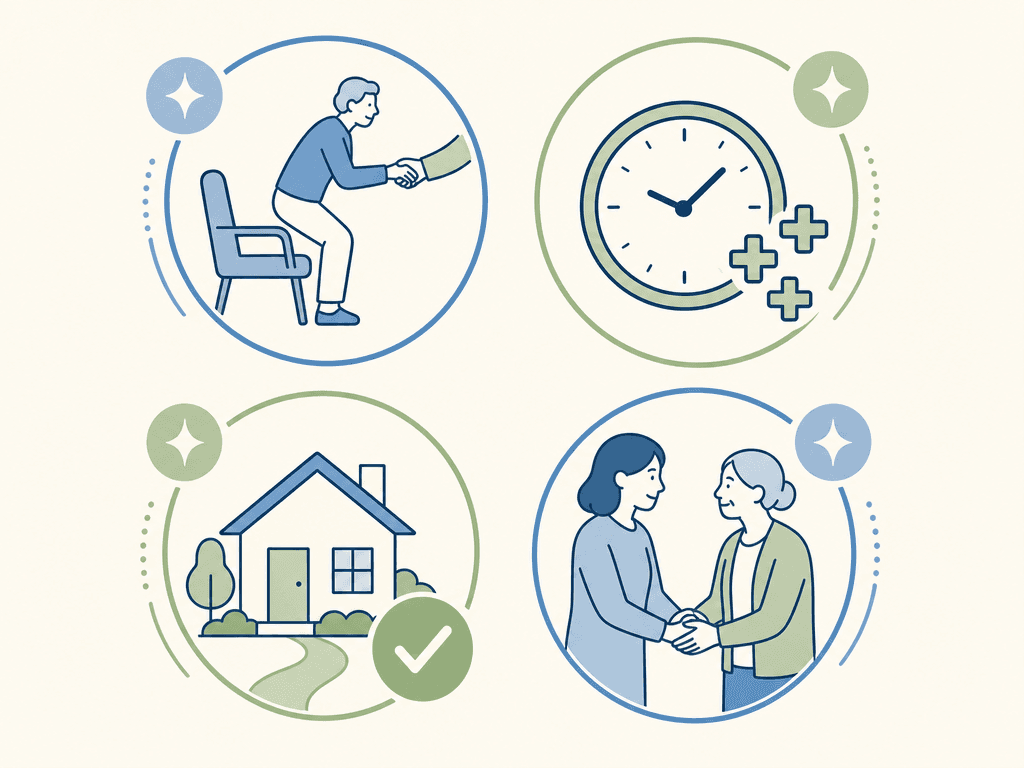 Four circular icons representing the screening questions: transfer ability, therapy tolerance, home safety, and caregiver availability.