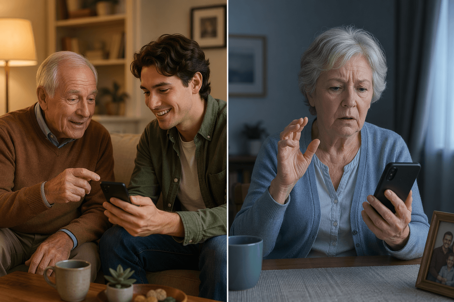 Split scene comparing supported phone help with isolated confusion over a familiar smartphone