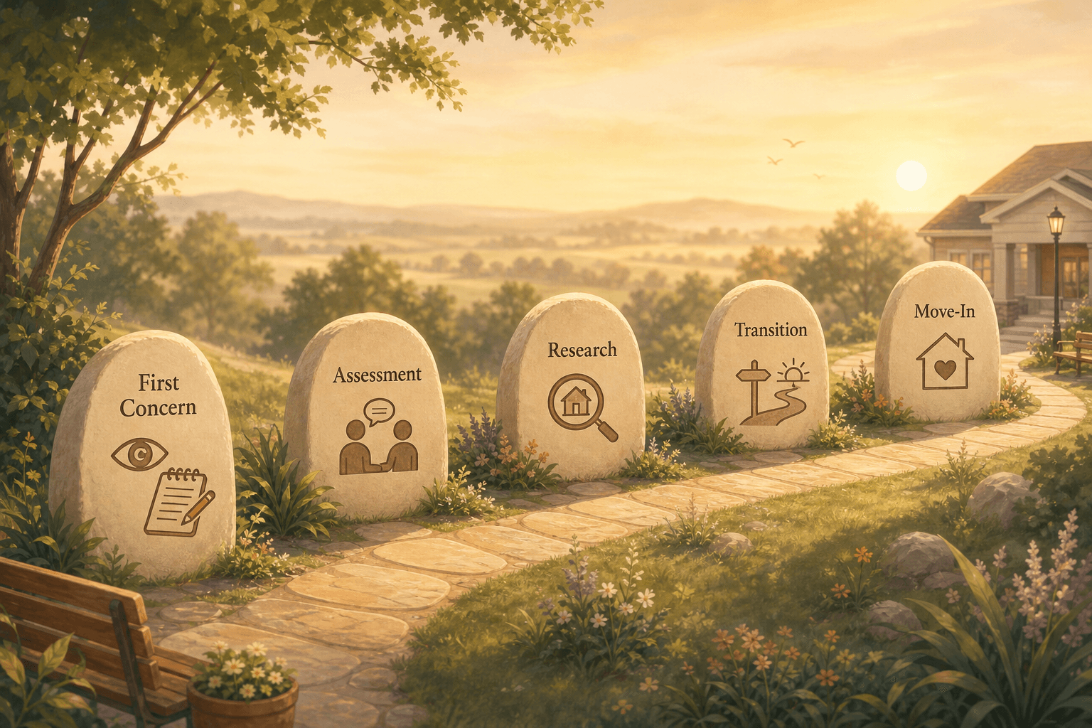 A warm-toned illustration of a gently curved path with five markers — labeled First Concern, Assessment, Research, Transition, and Move-In — each marked with simple icons, set against a soft landscape with golden hour light, conveying a calm forward journey from initial worry to settled care.