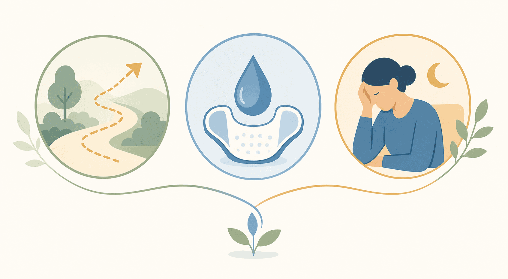 Three clinical trigger icons in a horizontal row: a directional path icon for wandering behavior, a containment drop icon for incontinence management, and a person with a rest icon for caregiver burnout, connected by flowing lines.