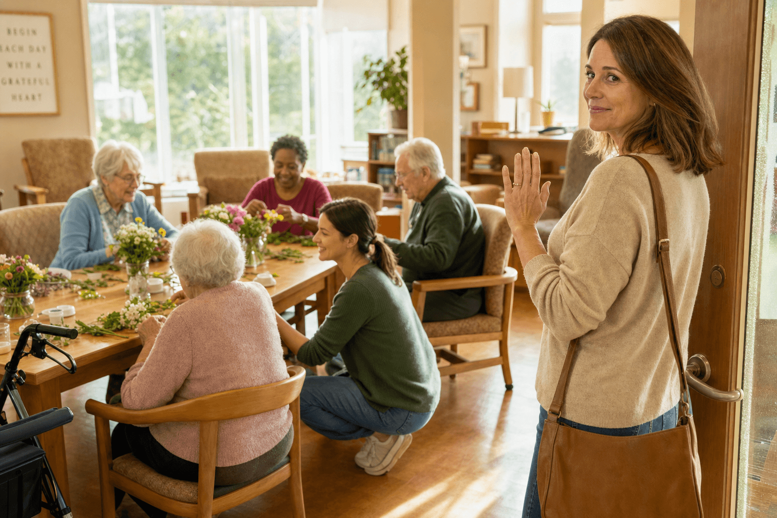 A bright, home-like common room in an adult day center where several older adults sit around a wooden table arranging flowers, some with walkers nearby. A staff member kneels beside one senior, assisting gently. In the foreground, an adult daughter stands at the doorway with a calm, relieved expression, one hand raised in a gentle goodbye wave.
