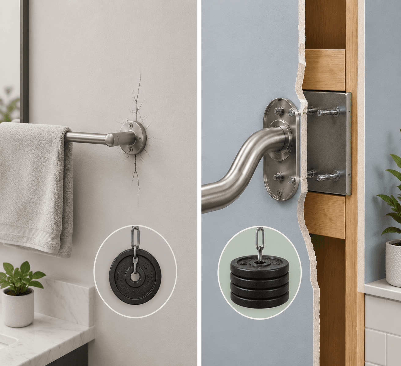 Comparison of towel bar on drywall and grab bar reinforced with wall blocking