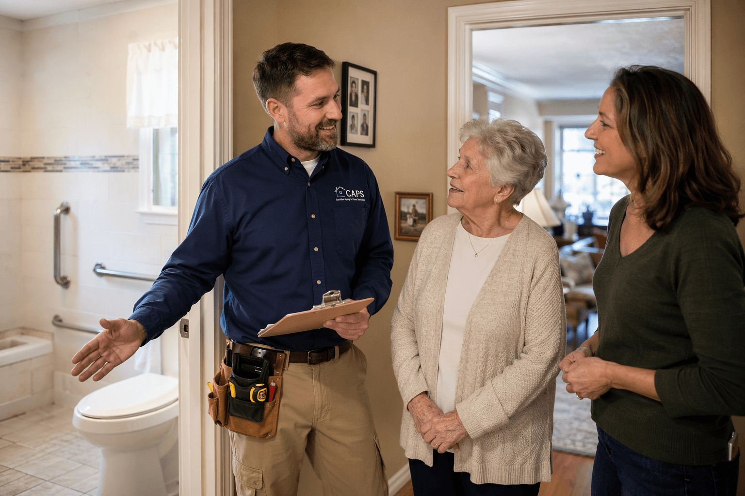 A CAPS-certified specialist in a tool belt and work shirt points toward a grab bar in a home hallway, while an older adult woman and her adult daughter listen.
