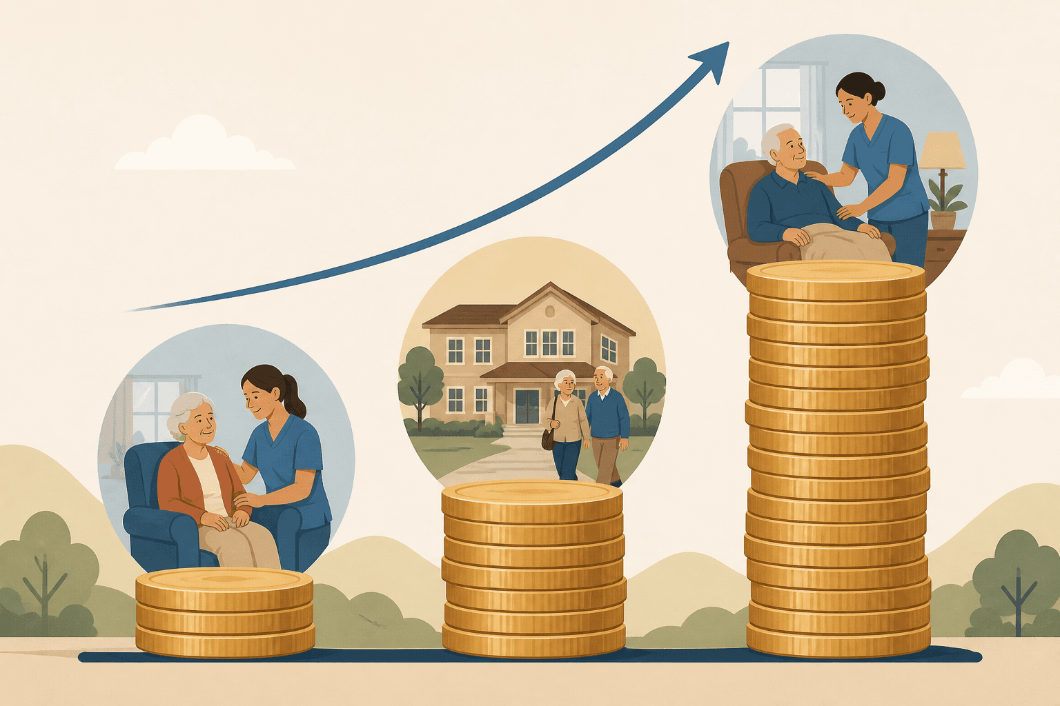 Three ascending stacks of coins comparing senior care costs: a small stack for lower-hours home care, a medium stack for assisted living, and a tall stack for 24/7 home care.