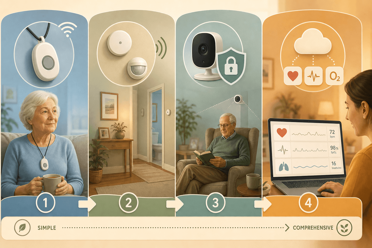 Editorial illustration showing four tiers of monitoring technology: wearable alert device, passive motion sensors, camera with privacy shield, and remote patient monitoring dashboard.