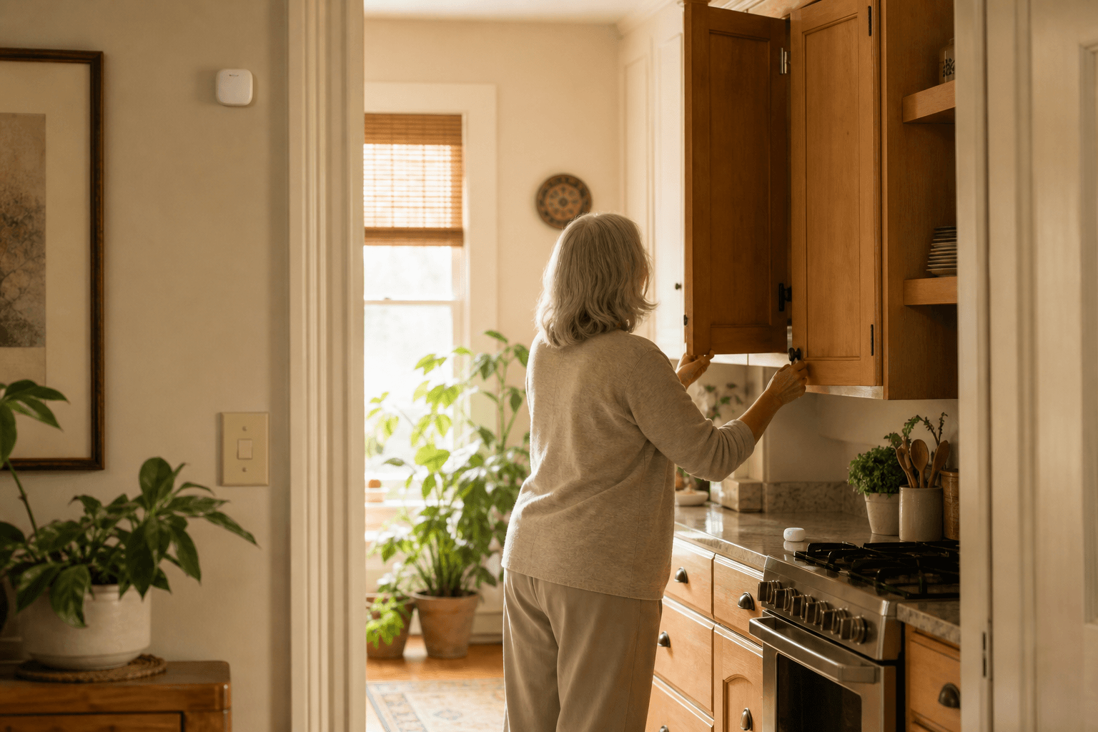 An older woman opens a kitchen cabinet while a small PIR motion sensor is mounted unobtrusively high on the nearby wall, blending into the warm residential interior.