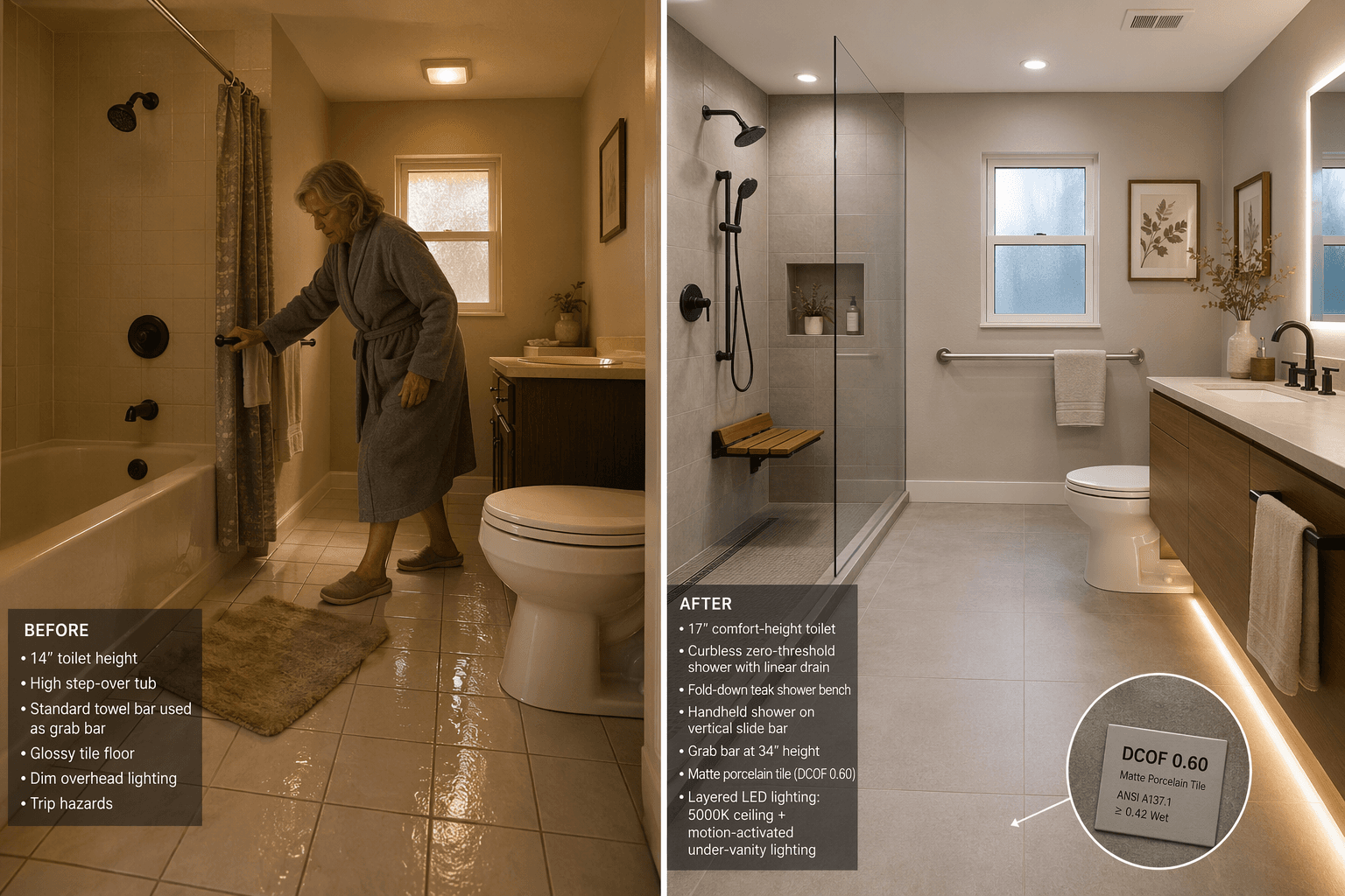 Split-composition editorial bathroom scene showing a typical builder-grade bathroom on the left with glossy tile, high-step tub, dim lighting, and towel bar grab bar, and a safety-remodeled bathroom on the right with curbless shower, teak bench, comfort-height toilet, matte non-slip flooring, properly mounted chrome grab bar at 34 inches, floating vanity with LED strip lighting, and 5000K overhead lighting, with a small DCOF 0.60 inset callout circle