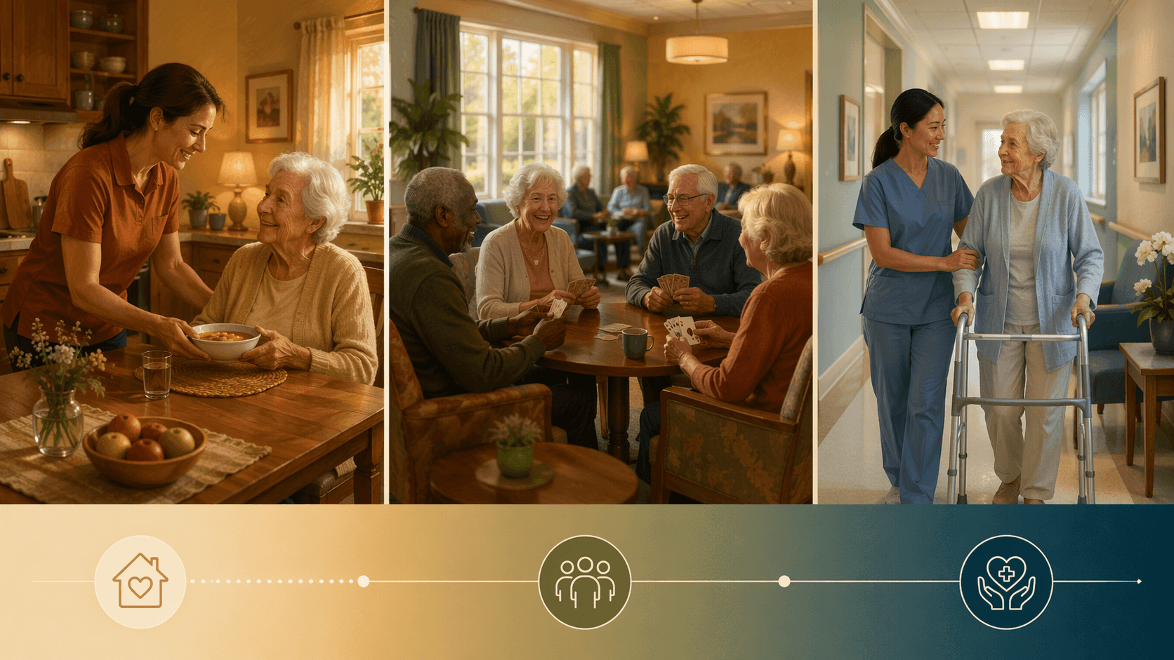 Three-panel editorial illustration showing a continuum of senior care: left panel shows a caregiver assisting an older adult at home in a warm kitchen setting, center panel shows seniors socializing in an assisted living common room, right panel shows a nurse walking alongside a resident in a bright skilled nursing corridor, with a horizontal gradient bar below indicating escalating levels of functional support in warm earth tones and soft teal.
