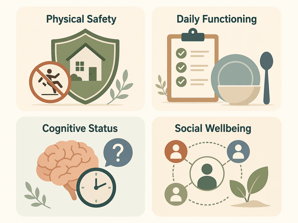 A 2x2 grid infographic with four icon panels labeled Physical Safety, Daily Functioning, Cognitive Status, and Social Wellbeing.