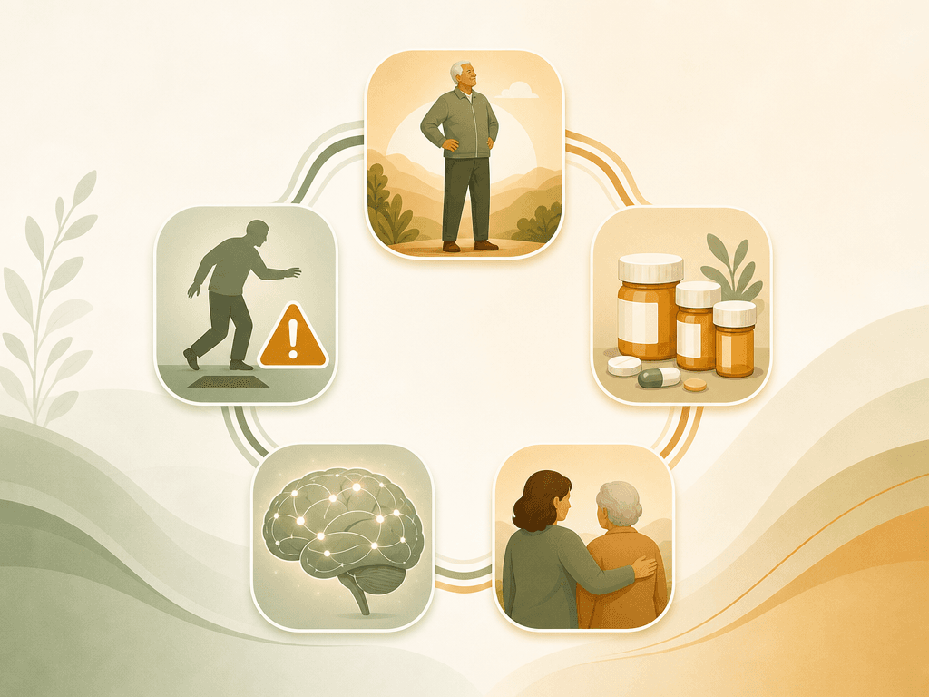 Five rounded icon tiles arranged in a connected circular flow representing ADL independence, fall risk, medication management, cognitive health, and caregiver capacity.