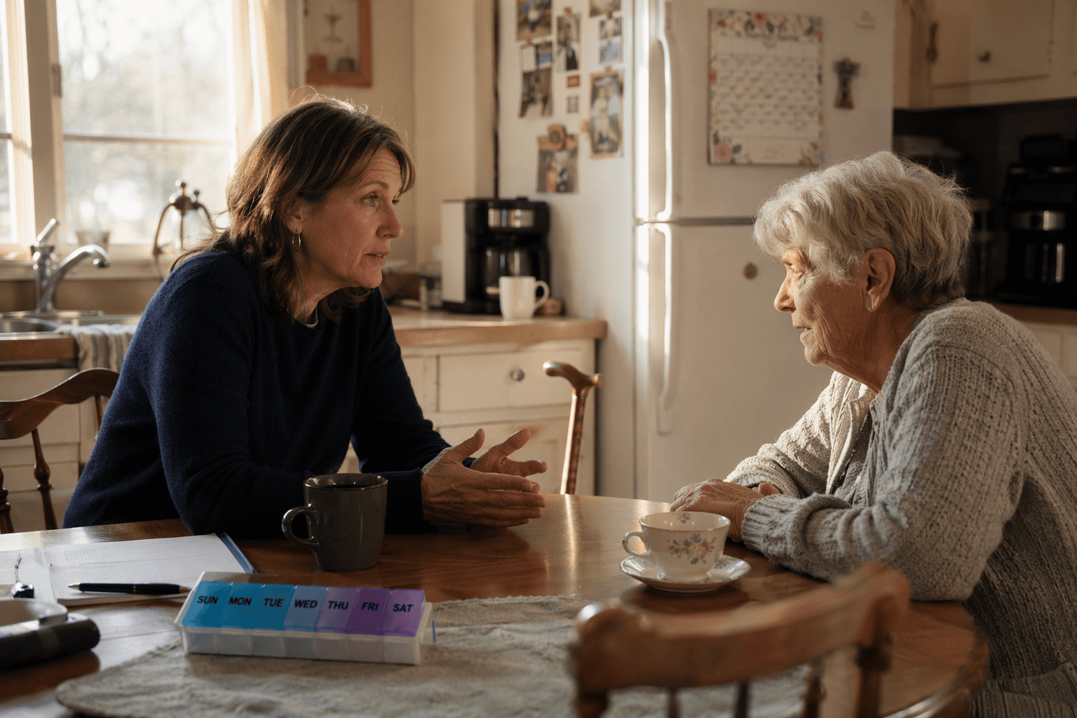 An adult child in their 40s–50s sits at a kitchen table across from an elderly parent, leaning forward with open hands in a calm conversation. Soft golden-hour light illuminates the scene. A coffee mug and tea cup sit between them. The lived-in kitchen background includes a pill organizer, a calendar on the fridge, and a cane resting against the counter.