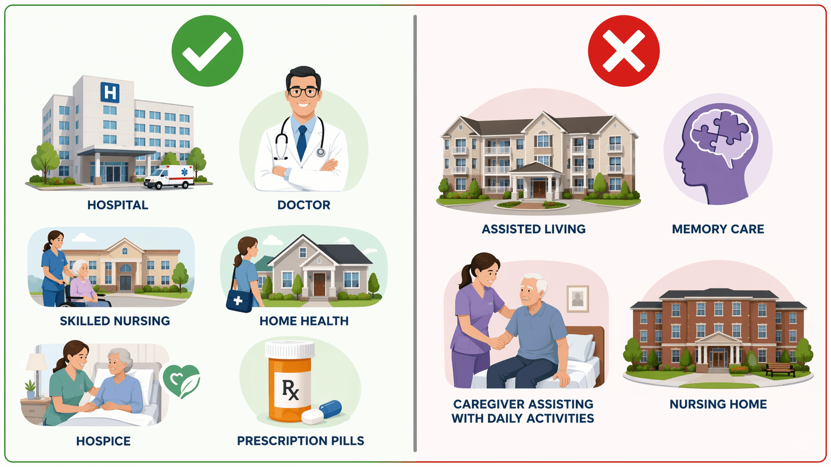 Comparison infographic showing Medicare-covered medical services beside uncovered assisted living, memory care, custodial care, and long-term nursing home care