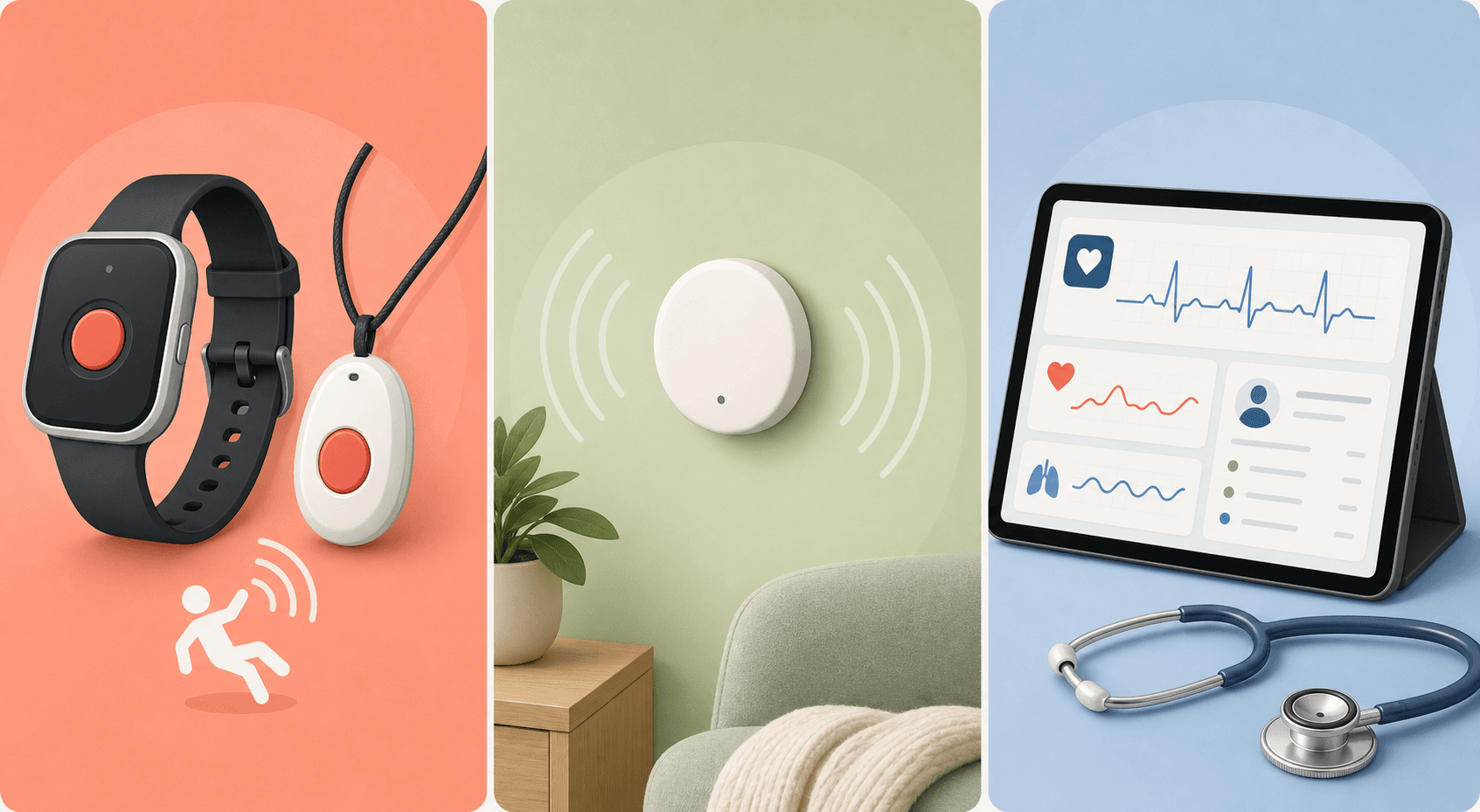 A three-panel editorial illustration comparing senior monitoring categories: a wristwatch and pendant icon on a coral background representing wearable devices, a white disc sensor with motion waves on a sage green background representing passive ambient monitoring, and a tablet with a heart rate graph on a soft blue background representing telehealth and RPM platforms.