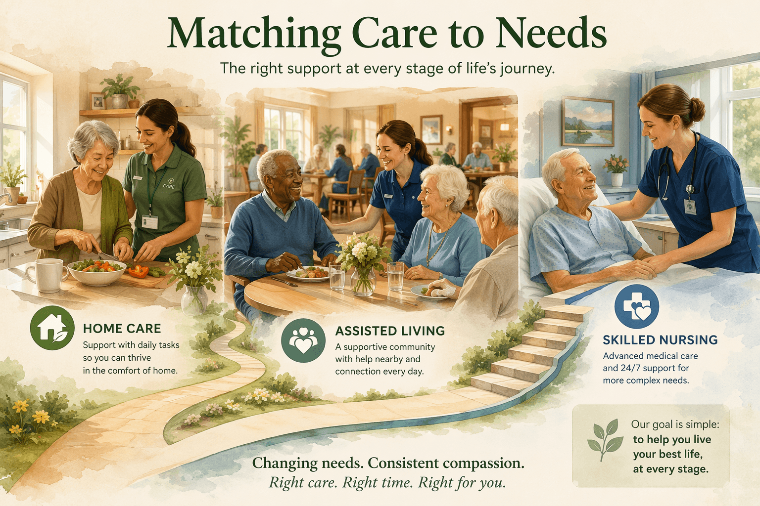 A warm editorial illustration showing a three-scene progression of senior care levels connected by a soft pathway: home care with an aide in a bright kitchen, assisted living with peers in a dining room, and skilled nursing care in a calm supervised setting, rendered in sage greens, soft blues, and warm neutrals