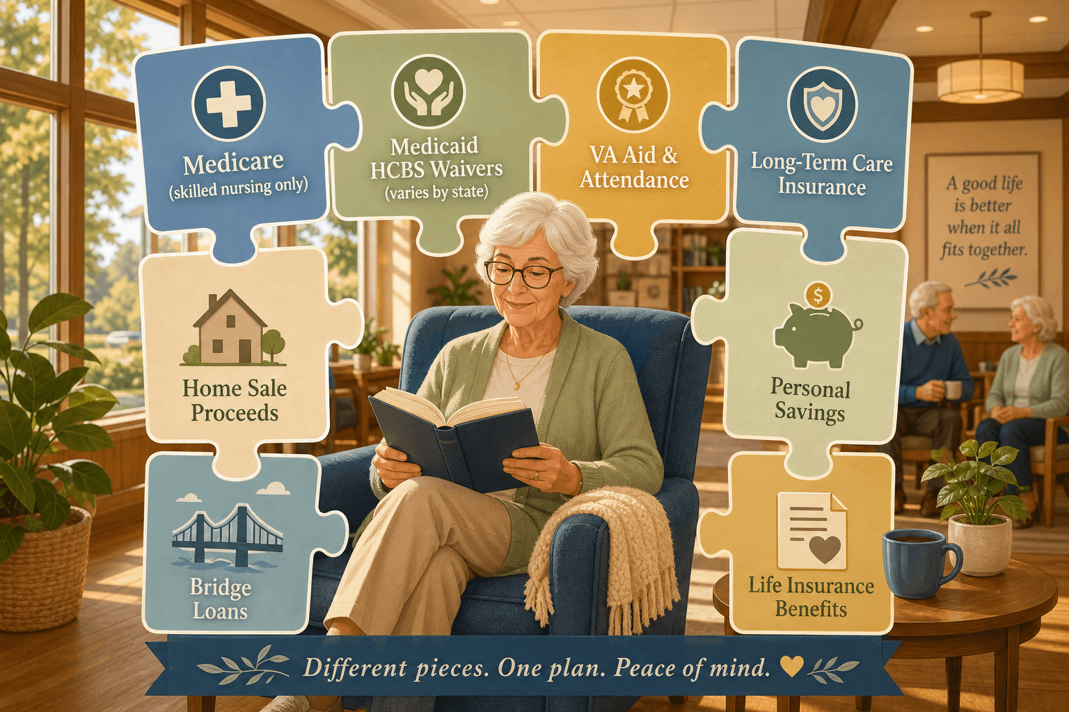 A warm flat vector illustration showing a senior adult reading in a sunlit assisted living common area, surrounded by floating puzzle pieces labeled with funding sources including Medicare, Medicaid HCBS Waivers, VA Aid & Attendance, Long-Term Care Insurance, Home Sale Proceeds, Personal Savings, Bridge Loans, and Life Insurance Benefits, with the puzzle pieces fitting together around them in warm blues, sage greens, and soft golds.